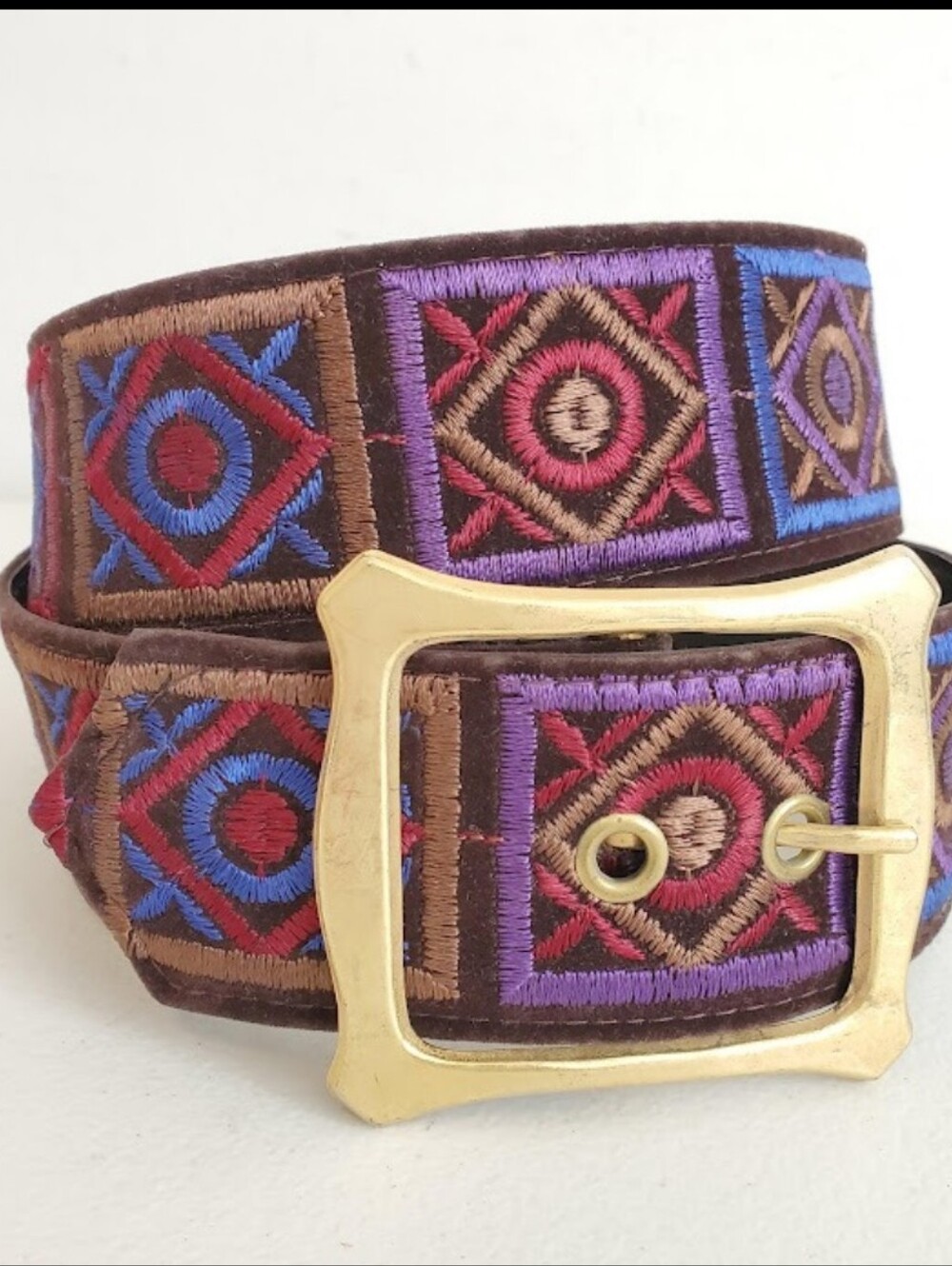 VTG Brown Multicolor Velvet Embroidered Geometric Retro Boho Hippie Belt Sz M